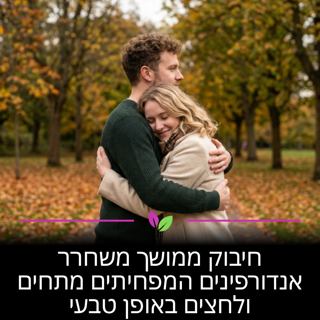 חיבוק ארוך משחרר אוקסיטוצין ואנדורפינים, "הורמוני האושר" שלכם. הם מורידים מיידית את רמת הקורטיזול (הורמון הסטרס) ומרגיעים את מערכת העצבים. זהו כלי טבעי ועוצמתי להפחתת מתחים ולשיפור מצב הרוח.