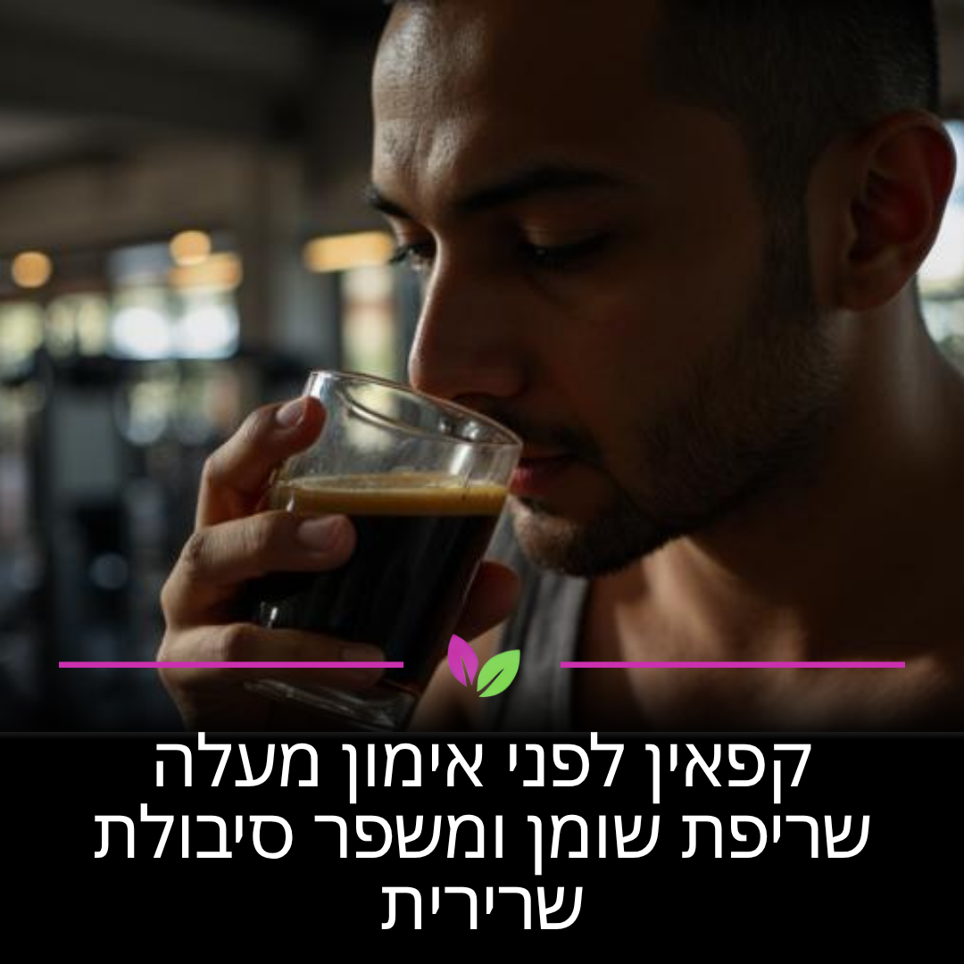 צריכת קפאין מעלה את רמות האדרנלין וממריצה פירוק חומצות שומן מהרקמות לשימוש כאנרגיה זמינה. חוקרים מאוניברסיטת גרנדה (ספרד) הוכיחו כי צריכת קפאין כחצי שעה לפני פעילות אירובית מגבירה משמעותית את קצב שריפת השומן, דוחה עייפות ומשפרת את הסיבולת השרירית ואת ביצועי האימון הכוללים